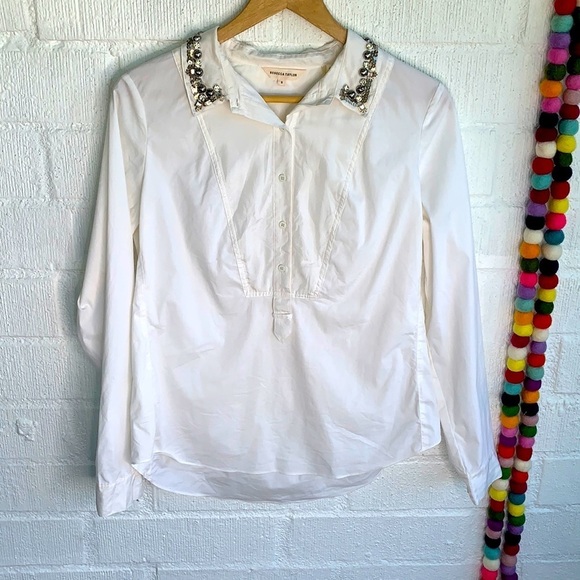 Rebecca Taylor Embellished Beaded Collar White Button Down Blouse 8 - Picture 2 of 9